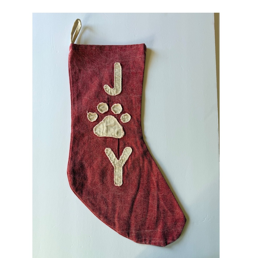 "Mud‎ Pie" Paw Print Pet Christmas Stocking Red with JOY Rustic Holiday Decor